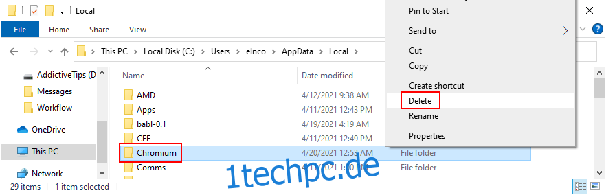 Windows Explorer zeigt, wie man den Chromium-Cache löscht