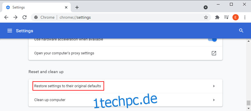 Google Chrome zeigt, wie Sie auf die Option zum Wiederherstellen der Browsereinstellungen auf die Standardeinstellungen zugreifen