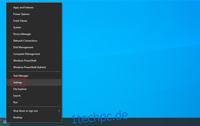Windows 10 zeigt, wie Sie über das Rechtsklickmenü Start auf die Einstellungen zugreifen