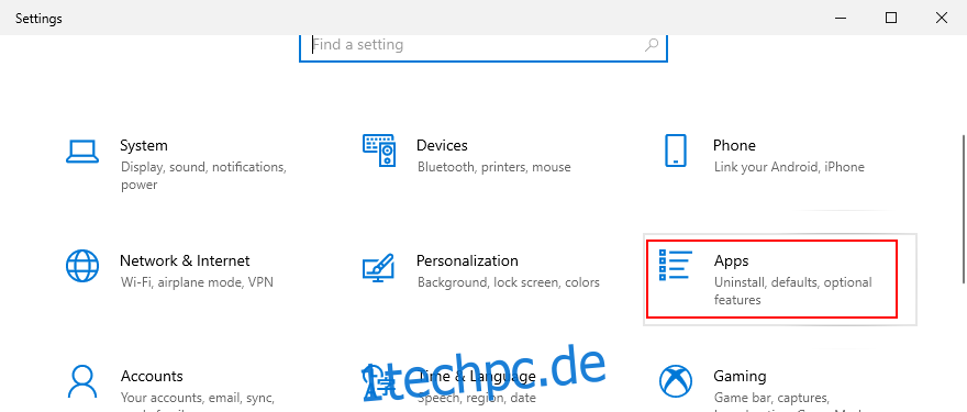 Windows 10 zeigt, wie Sie über den Einstellungsbereich auf Apps zugreifen