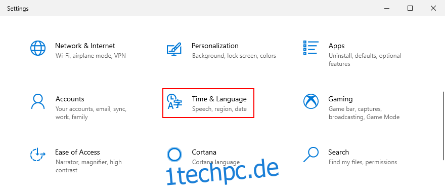 Windows 10 zeigt, wie Sie auf die Zeit- und Spracheinstellungen zugreifen