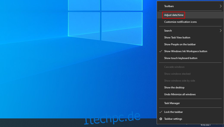 Windows 10 zeigt, wie Sie Datums- und Uhrzeiteinstellungen über die Taskleiste anpassen
