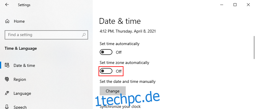 Windows 10 zeigt, wie die automatische Zeitzone deaktiviert wird