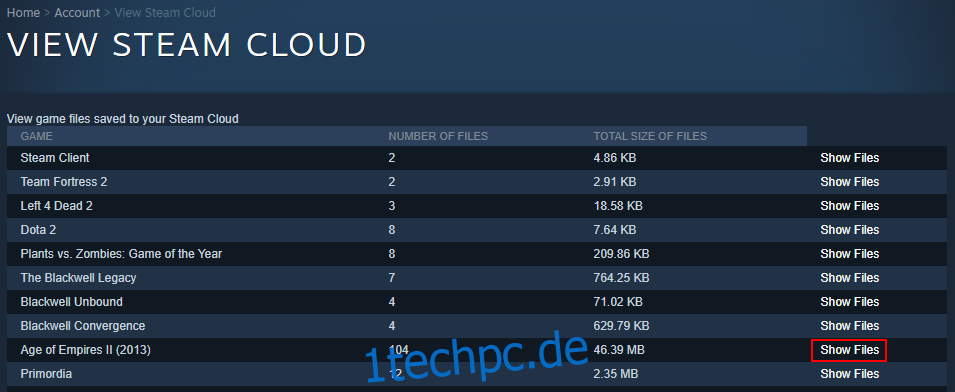 Steam Cloud zeigt Spieldateien an
