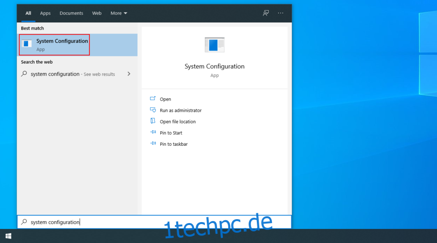 Windows 10 zeigt, wie Sie über das Suchmenü auf die Systemkonfigurations-App zugreifen
