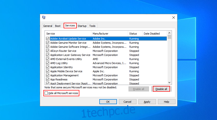 Windows 10 zeigt, wie Sie alle Dienste deaktivieren