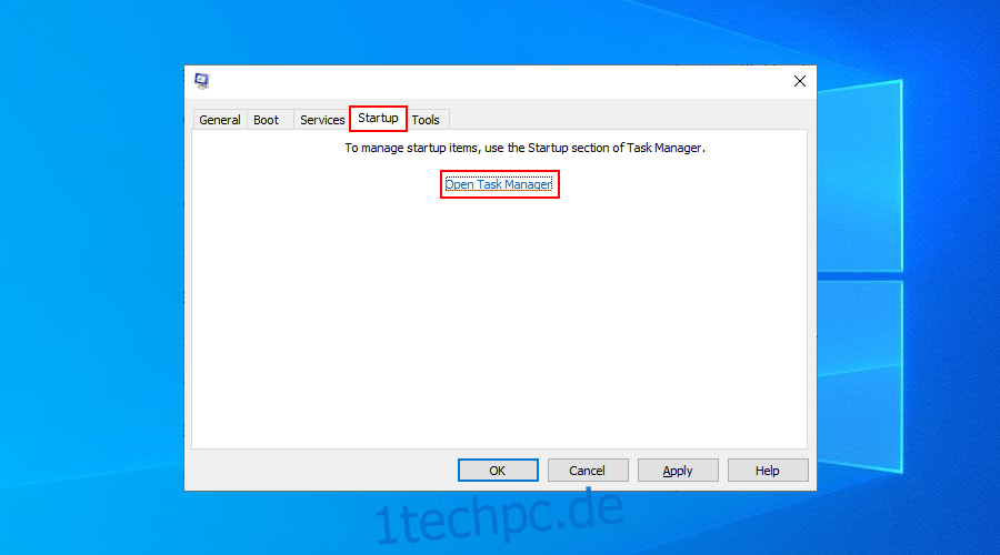 Windows 10 zeigt, wie Sie den Task-Manager über die Systemkonfigurations-App öffnen