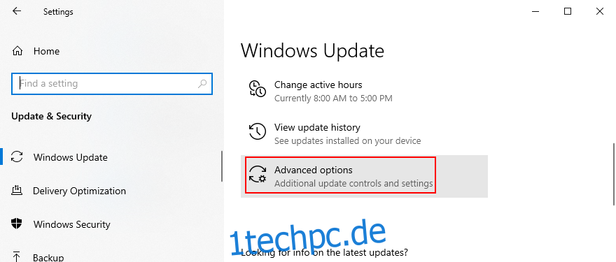 Windows 10 zeigt, wie Sie auf erweiterte Windows Update-Optionen zugreifen