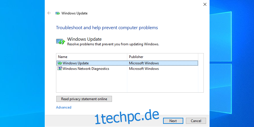 Die grafische Benutzeroberfläche des Dienstprogramms Windows Update Diagnostic