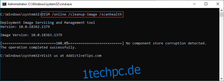 Windows 10 zeigt die Ausführung von DISM /online /cleanup-image /scanhealth in CMD