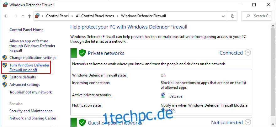 Die Systemsteuerung zeigt, wie Sie die Windows Defender-Firewall ein- oder ausschalten