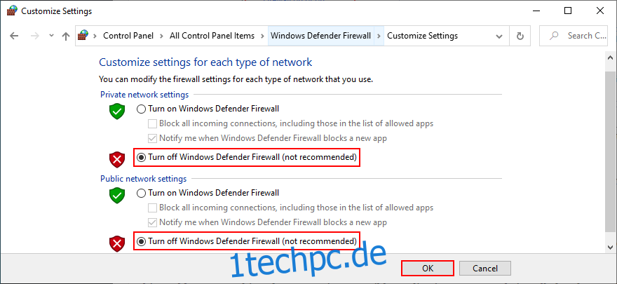 Die Systemsteuerung zeigt, wie Sie die Windows Defender-Firewall deaktivieren