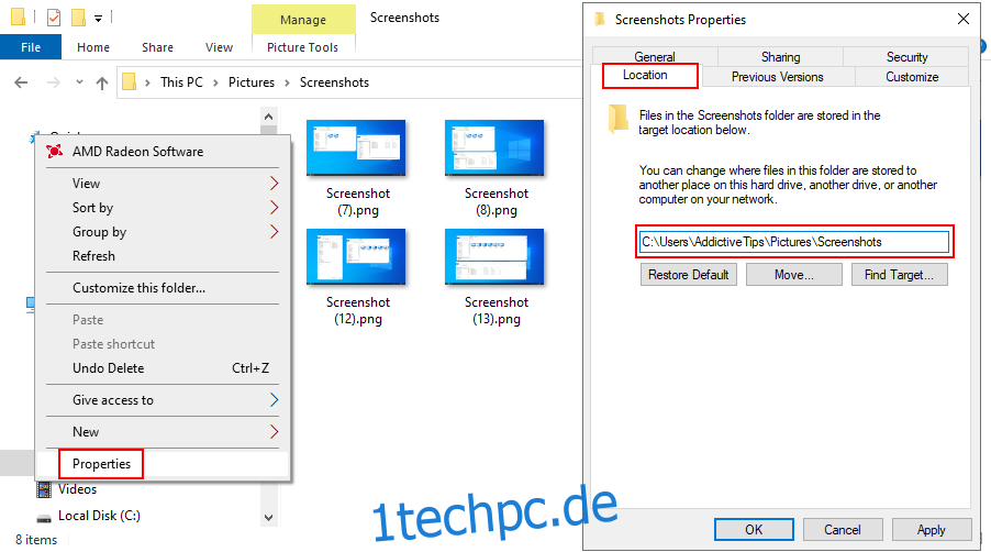Windows 10 zeigt, wie Sie den Standardspeicherort für gespeicherte Screenshots ändern