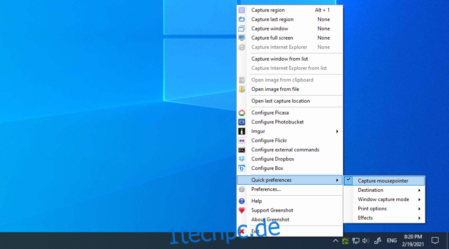 Windows 10 zeigt die Greenshot-Einstellungen