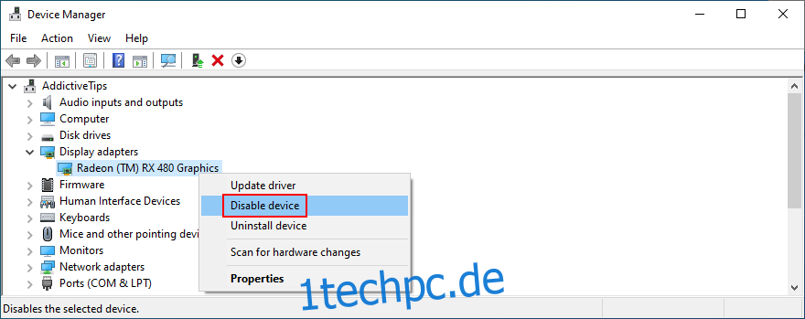 Windows zeigt, wie Sie ein Gerät im Geräte-Manager deaktivieren