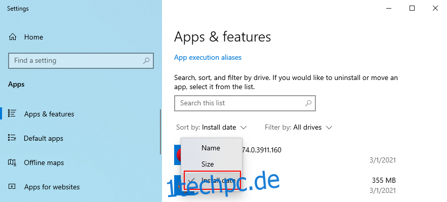Windows 10 zeigt, wie man Apps nach Installationsdatum sortiert