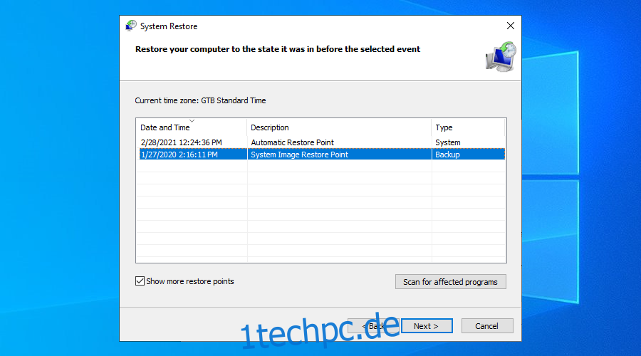 Windows 10 zeigt einige Systemwiederherstellungspunkte an