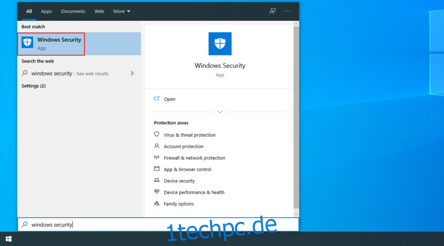 Windows 10 zeigt, wie Sie auf die Windows-Sicherheits-App zugreifen