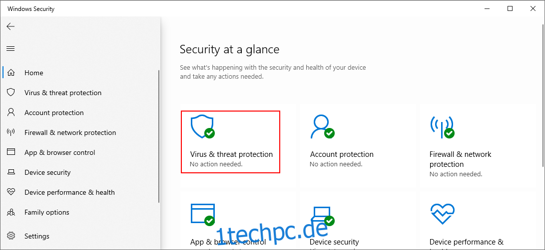 Windows 10 zeigt, wie man Viren- und Bedrohungsschutz auswählt