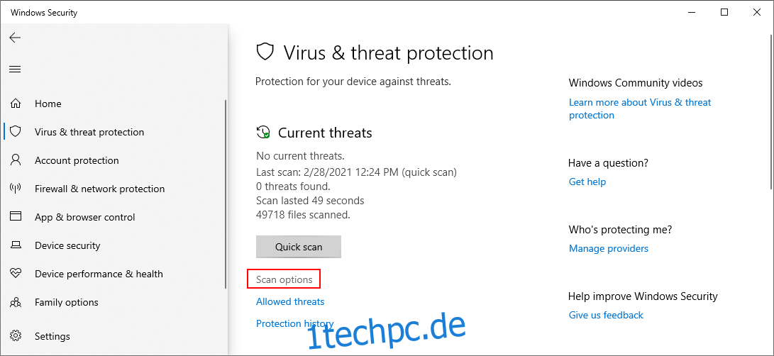 Windows 10 zeigt, wie Sie auf die Scanoptionen von Windows Defender zugreifen