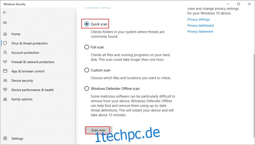 Windows 10 zeigt, wie Sie einen Quick Scan mit Windows Defender ausführen