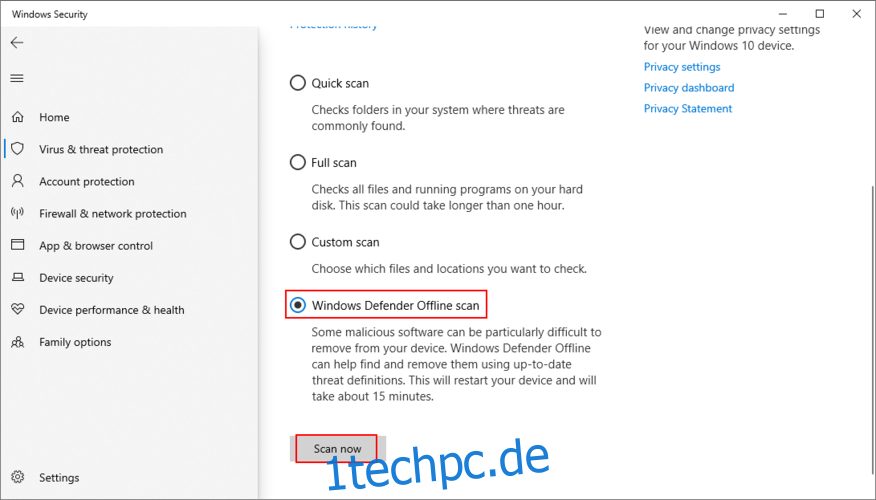 Windows 10 zeigt, wie Sie einen Windows Defender-Offline-Scan durchführen