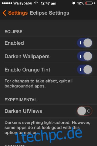 Eclipse aktiviert systemweiten Nachtmodus in iOS 7