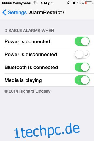 alarmrestrict7 Deaktiviere die Wiedergabe von Alarmmedien über Bluetooth verbunden Strom wird getrennt aufgeladen