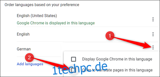 Wählen Sie manuell aus, was Chrome mit einer Sprache macht, indem Sie auf die drei Punkte neben einer Sprache klicken und dann aktivieren/deaktivieren 