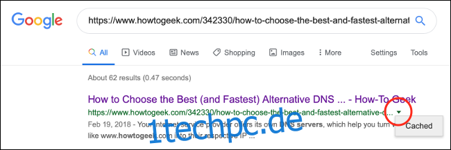 Klicken Sie in den Google-Suchergebnissen auf den nach unten weisenden Pfeil neben der Webadresse und dann auf 