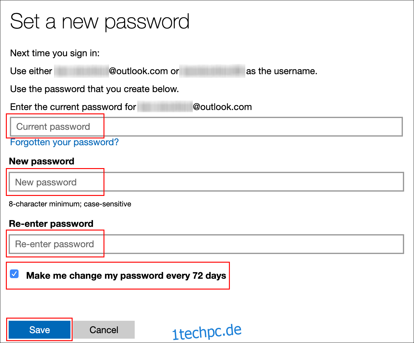 Geben Sie Ihr aktuelles Passwort ein, geben Sie ein neues Passwort ein, klicken Sie auf das Kontrollkästchen neben 