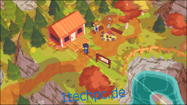 Charaktere stehen neben einem Lagerfeuer vor einer Hütte in 