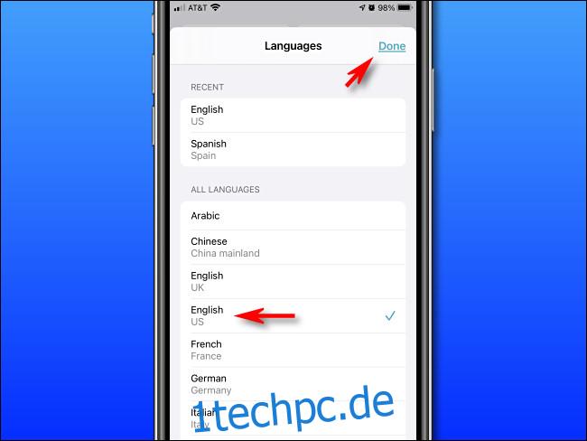 Wählen Sie in Apple Translate auf dem iPhone eine Sprache aus der Liste aus und tippen Sie dann auf 