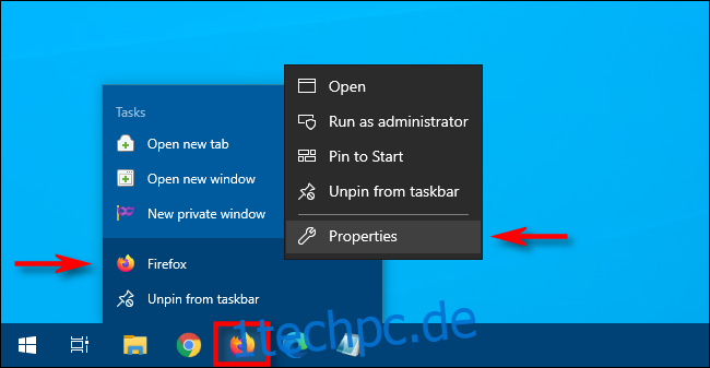 Klicken Sie unter Windows 10 mit der rechten Maustaste auf das Taskleistensymbol, klicken Sie dann mit der rechten Maustaste auf die Verknüpfung und wählen Sie aus 
