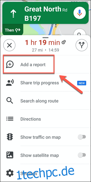 Tippen Sie im Menü mit den zusätzlichen Optionen für die Routennavigation von Google Maps auf 