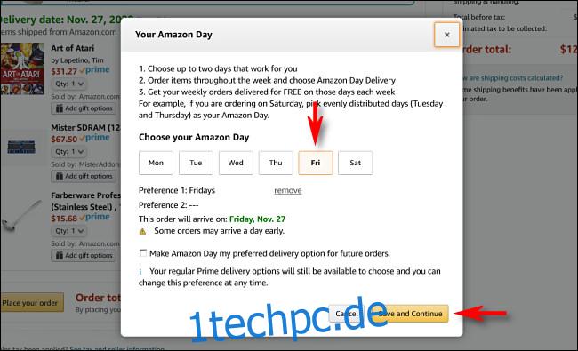 Wählen Sie einen oder zwei Liefertage am Amazon Day aus und klicken oder tippen Sie darauf 