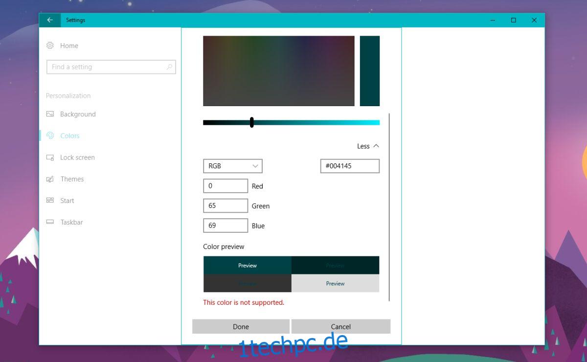 Warum sagt Windows 10 bei der Auswahl von Akzentfarben „Diese Farbe wird nicht unterstützt“?